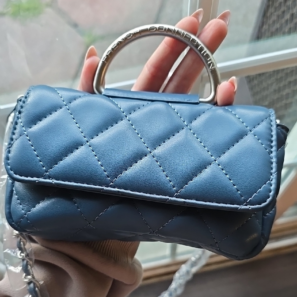 French Connection Mell Quilted Crossbody Bag, Blue W/Silver